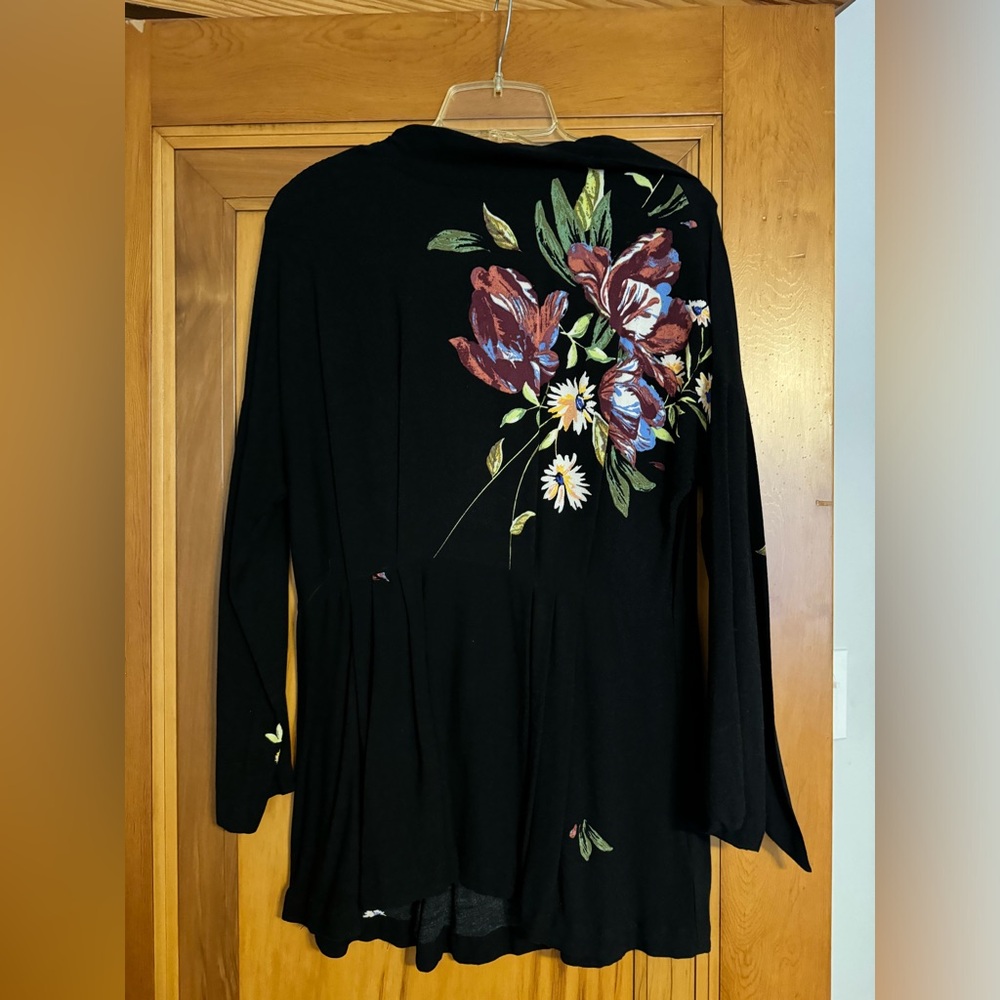 Free People Tunic Top Womens Small Black Floral Gemma Self Tie Long Sleeve Rayon